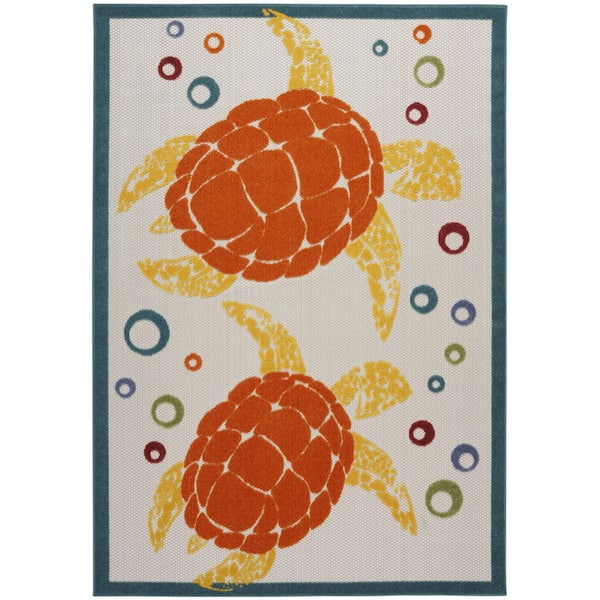 Nourison Aloha Teal Multi 6 ft. x 9 ft. Tropical Contemporary Indoor/Outdoor Patio Rug