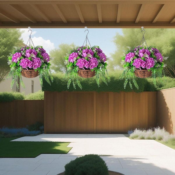 21.3 in. Purple Outdoor Artificial Hydrangea Flowers in Hanging