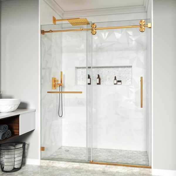 66-72.5 in. W x 76 in. H Single Sliding Frameless Shower Door in Brushed Gold with 3/8 in. Clear Tempered Glass