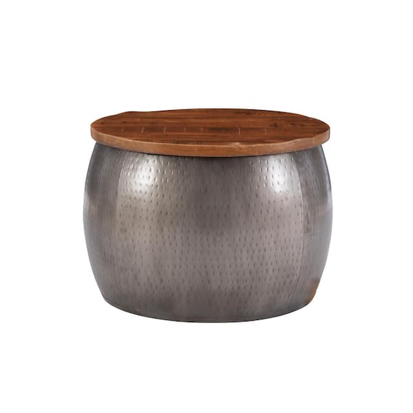 Wagner Metal 27.5 in. Large Pewter Round Wood Top Coffee Table with Storage