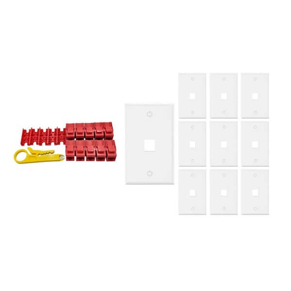 10-Pack 1-Gang White Keystone Plastic Wall Plates 1-Port and 10 Cat 6 RJ45 Keystone Jacks Red