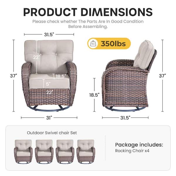 4-Piece Patio Wicker Outdoor Rocking Chair Set Swivel Glide with Beige Cushions