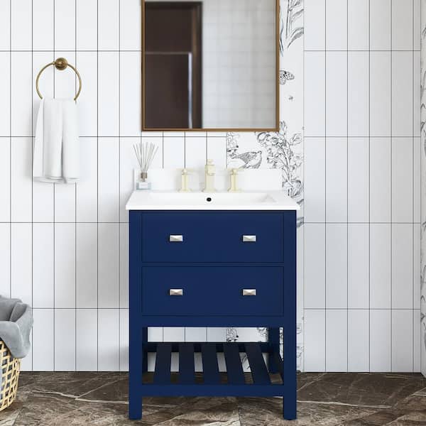 Unbranded 24 in. W x 19 in. D x 34 in. H Single Sink Freestanding Bath Vanity in Navy Blue with White Engineered Stone Top