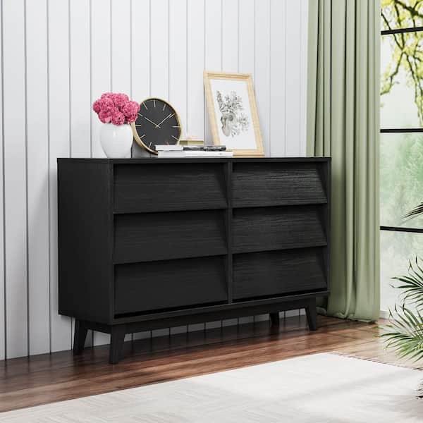 Unbranded Bevel Design Dresser Black 6-Drawer 47.2 in. W Chest of Drawers Vintage-Style Storage Tower Unit Dresser for Bedroom
