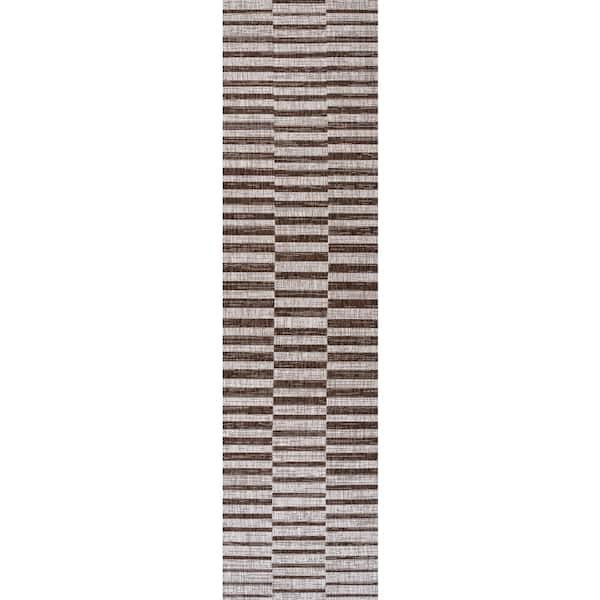 Sukie Modern Offset Stripe Beige/Brown 2 ft. x 10 ft. Indoor/Outdoor Runner Rug