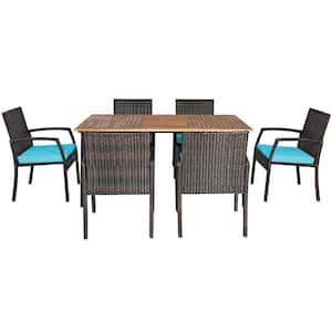 7-Piece PE Rattan Wicker Rectangle Acacia Wood Table Outdoor Dining Set With Umbrella Hole and Turquoise Cushions