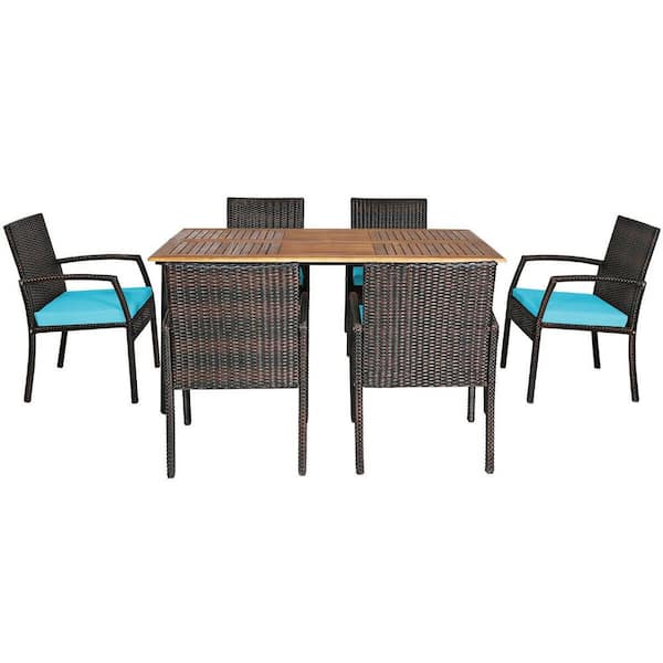 7-Piece PE Rattan Wicker Rectangle Acacia Wood Table Outdoor Dining Set With Umbrella Hole and Turquoise Cushions