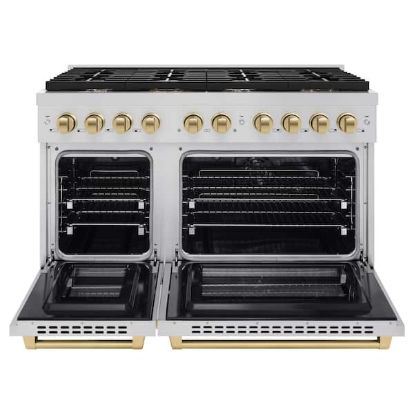 Paramount 48 in. 8-Burner Double Convection Oven Dual Fuel Range in Stainless Steel and Champagne Bronze