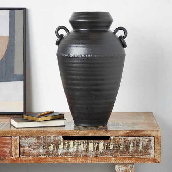 Litton Lane 20 in. Black Amphora Ceramic Decorative Vase with Speckled Texture and Ring Handles