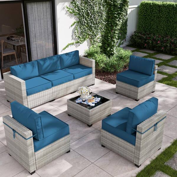 Kimunuk 14-Piece Wicker Outdoor Sectional Set with Blue Cushion