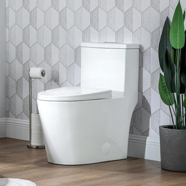 Rough in 12 in. 1-Piece Toilet 0.9 GPF/1.28GPF Dual Flush Elongated Skirted Toilet in White Seat Included