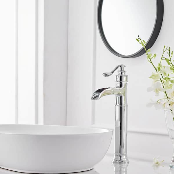 Waterfall Single Hole Single Handle Bathroom Vessel Sink Faucet With Pop-up Drain Assembly in Polished Chrome