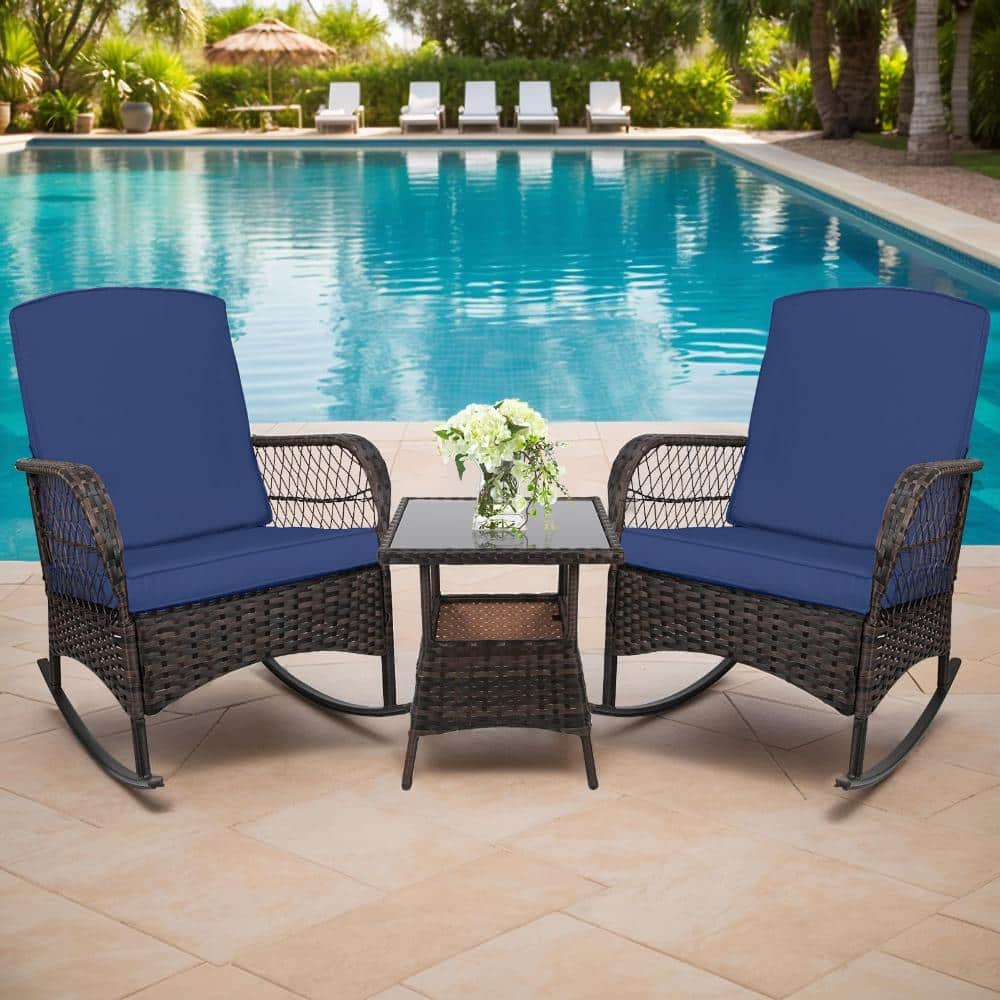 3-Piece Outdoor Patio Rocking Bistro Set, PE Wicker Armrest Chairs and Glass Table for Lawn Garden Backyard, Blue price history on PriceWatchPro