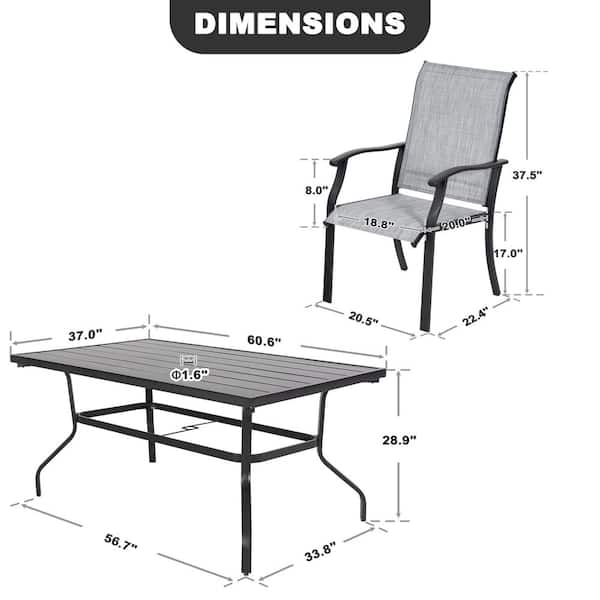 Black 7-Piece Textilene Metal Rectangular Outdoor Dining Set with Umbrella Hole, Slatted Tabletop, Powder-Coated Frame