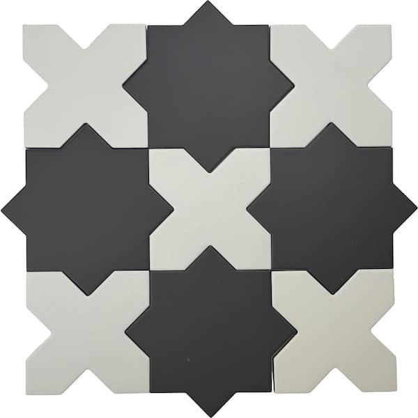 Seville 7 in. x 12 in. Graphite Black Star Pure White Cross Matte Porcelain Wall Floor Sample Tile (0.51 sq. ft.)