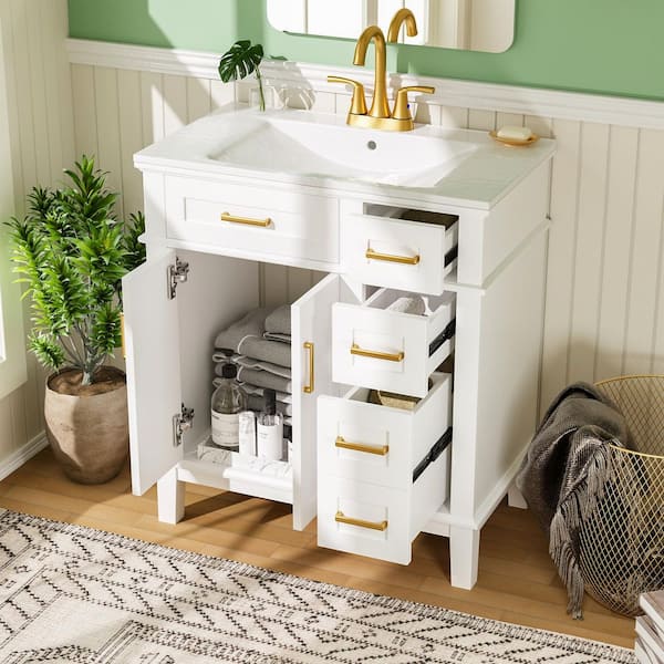 30 in. Single Sink White Bath Vanity with White Ceramic Top (Self Assembly Needed)