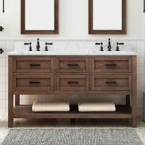 Tolbrook 60 in. Double Sink Brown Oak Bath Vanity with White Engineered Stone Top (Assembled)