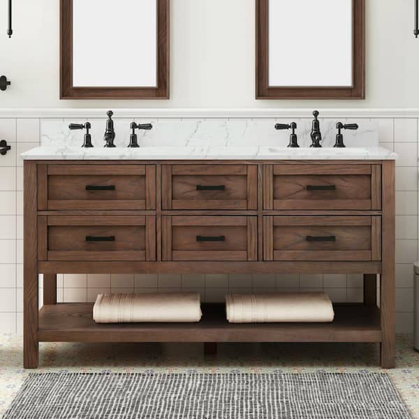 Home Decorators Collection Tolbrook 60 in. Double Sink Brown Oak Bath Vanity with White Engineered Stone Top (Assembled)