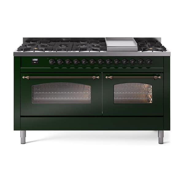 ILVE Nostalgie II 60 in. 9 Burner+Griddle Freestanding Double Oven Dual Fuel Range in Emerald Green with Bronze
