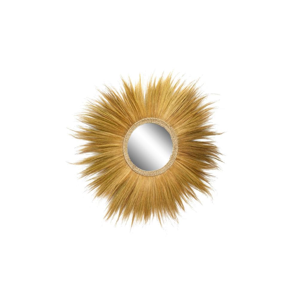 Golden Sunburst Round Decorative Wall Mirror with Grass Trim