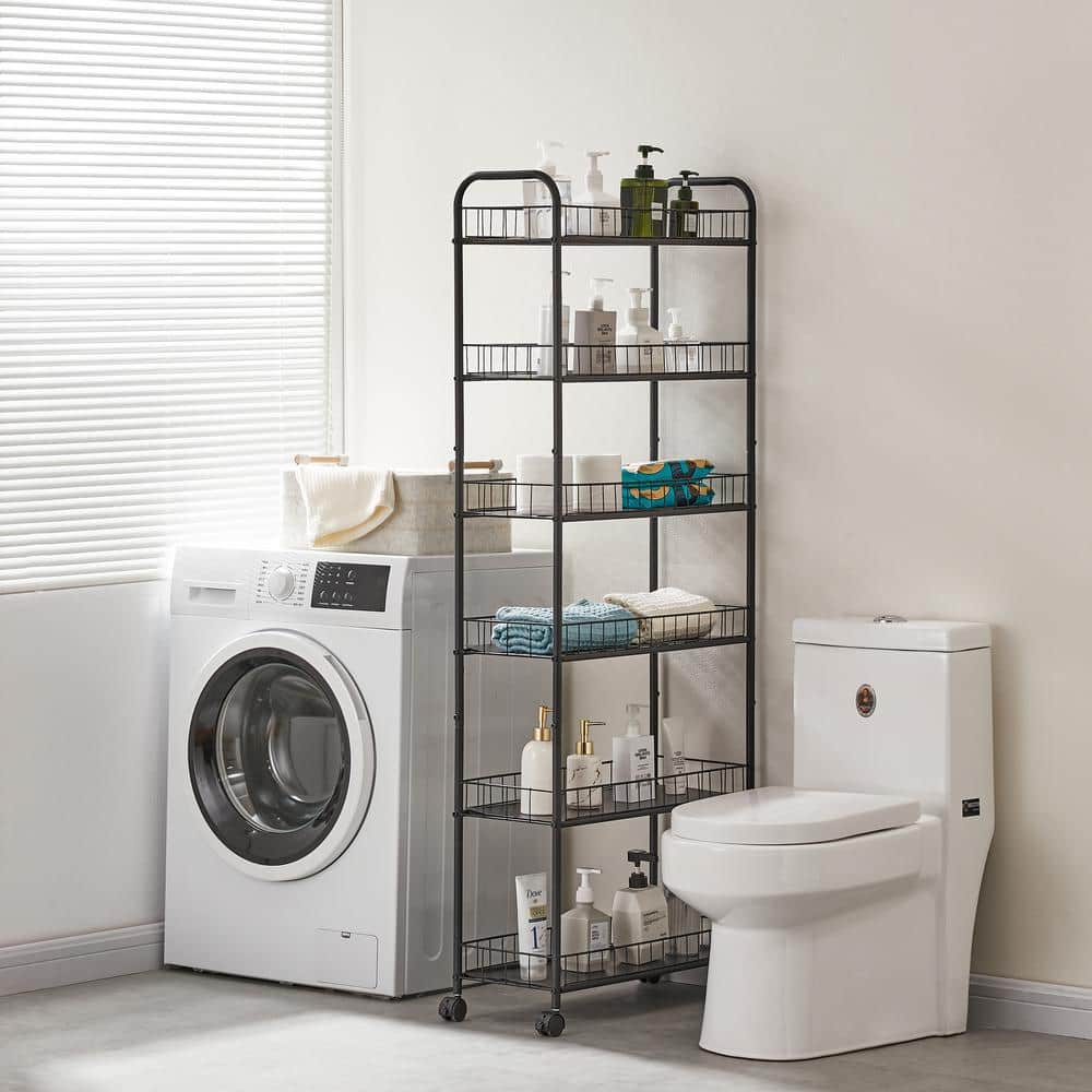Black Metal 6-Tier Slim Rolling Storage Cart with Lockable Wheels