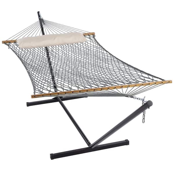 Atesun 12.3 ft. 2-Person Cotton Rope 2-Person Hammock Bed with Stand, Gray