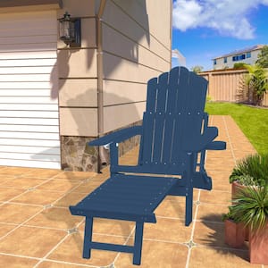Navy Blue Folding HIPS Plastic Patio Adirondack Chair Extended Adjustable Accent Chair with Cup Holder(1-Pack)