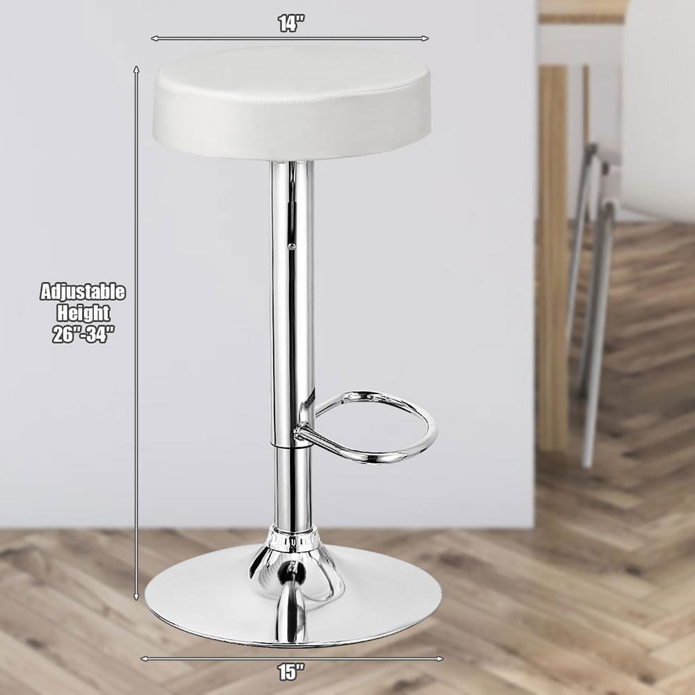 White Adjustable Swivel Backless Metal and Leather Bar Stool