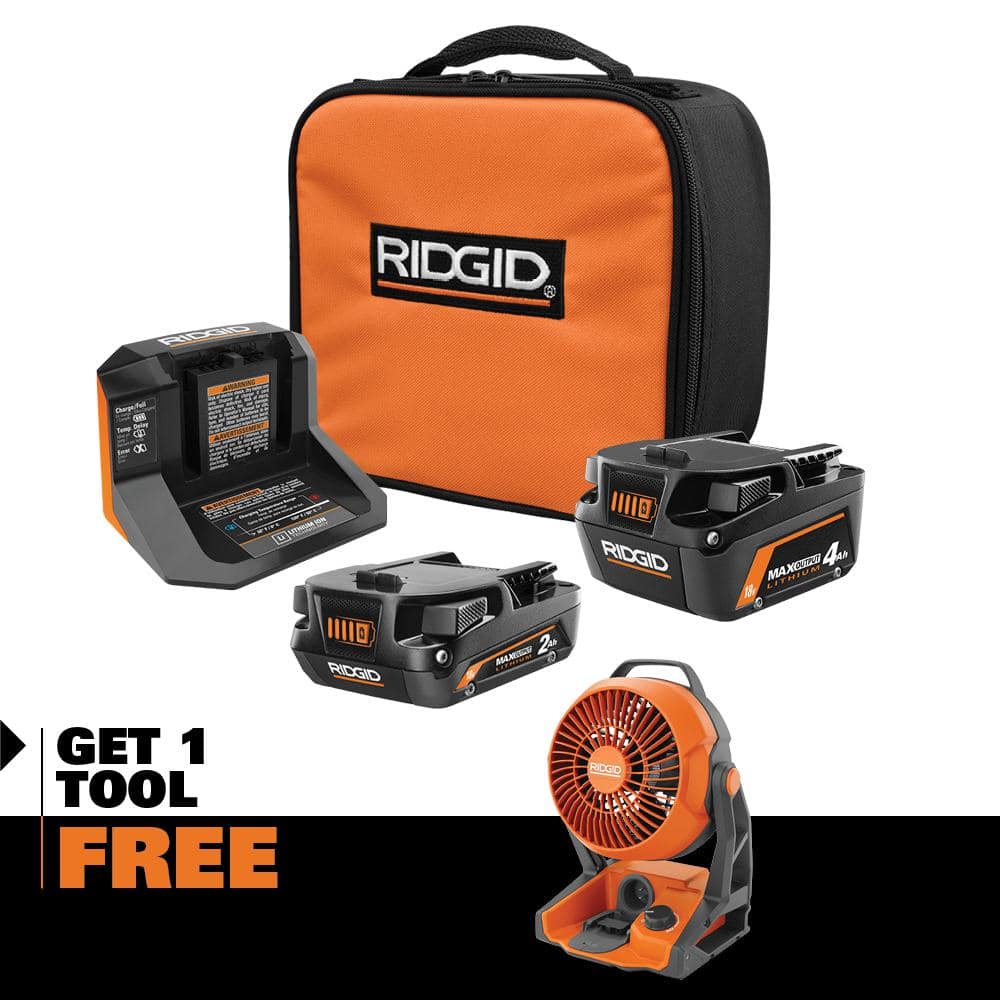 RIDGID MAX Output 4.0 Ah 2.0 Ah Batteries and Charger with FREE 18V Hybrid Jobsite Fan AC8400240SB-R860721B - The Home Depot