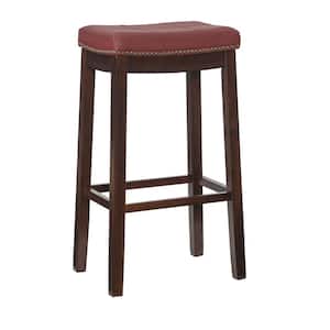 Concord 32 in. Brown Backless Wood Bar Stool with Red Faux Leather Seat