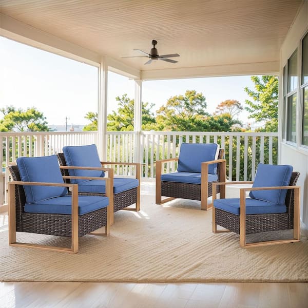 Gymojoy Allcot 4-Piece Brown Patio Wicker Conversation Set Outdoor Lounge Chair with CushionGuard Blue Cushions
