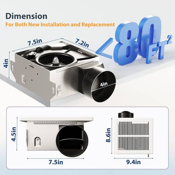 Amico 80 CFM Ceiling Mount Bathroom Exhaust Fan, 1.0 Sones Quiet
