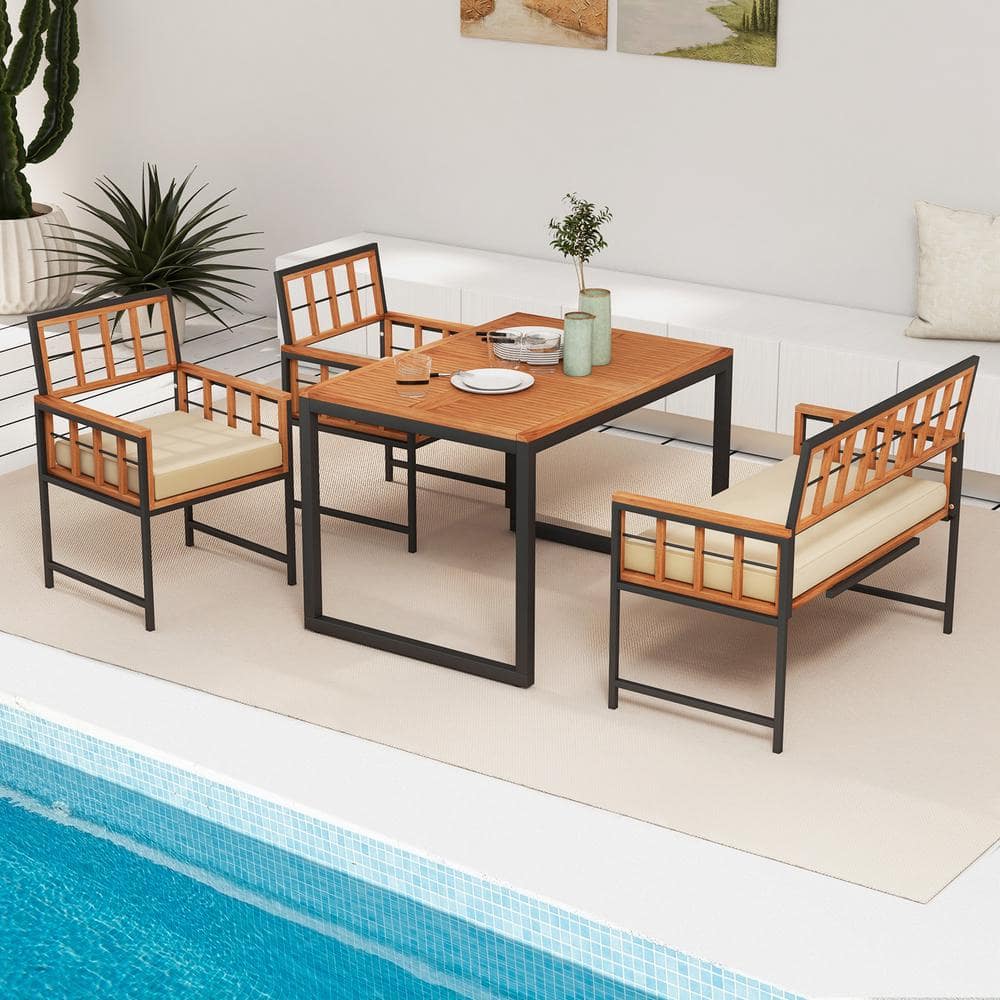 4-Piece Acacia Wood Outdoor Dining Set with Beige Cushions price history on PriceWatchPro