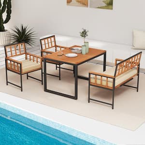 4-Piece Acacia Wood Outdoor Dining Set with Beige Cushions