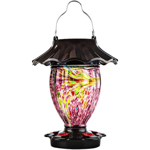 32 fl. oz. Purple Color Changing Hand Blown Glass Reservoir Hummingbird Feeder for Garden Decors
