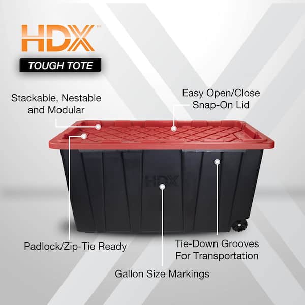 77 gal. Tough Storage Tote with Wheels in Black with Red Lid