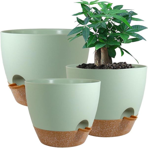 ITOPFOX Garden 12 in. L x 12 in. W x 7.5 in. H Green with Brown Plastic Round Indoor Planter (3-Pack)