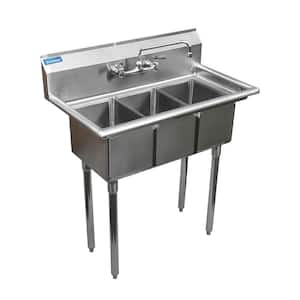 19 in. x 37 in. Stainless Steel Sink - 3 Compartment Sink. Bowl Size: 10"x14"x10" with Legs and Faucet