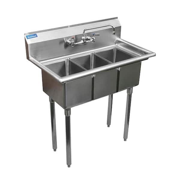 AMGOOD 19 in. x 37 in. Stainless Steel Sink - 3 Compartment Sink. Bowl Size: 10"x14"x10" with Legs and Faucet