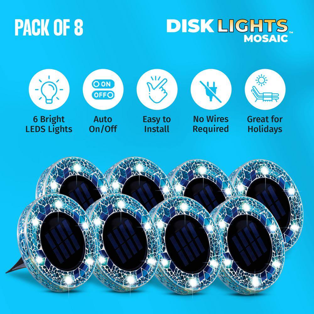 Blue Mosaic Solar Powered LED Pathway Disk Lights, Set of 8