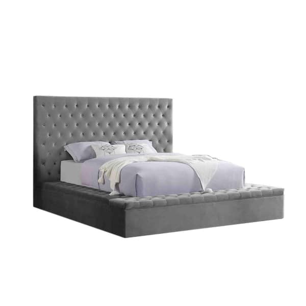 Best Master Furniture Jonathan Velvet Grey California King Tufted Bed with Storage