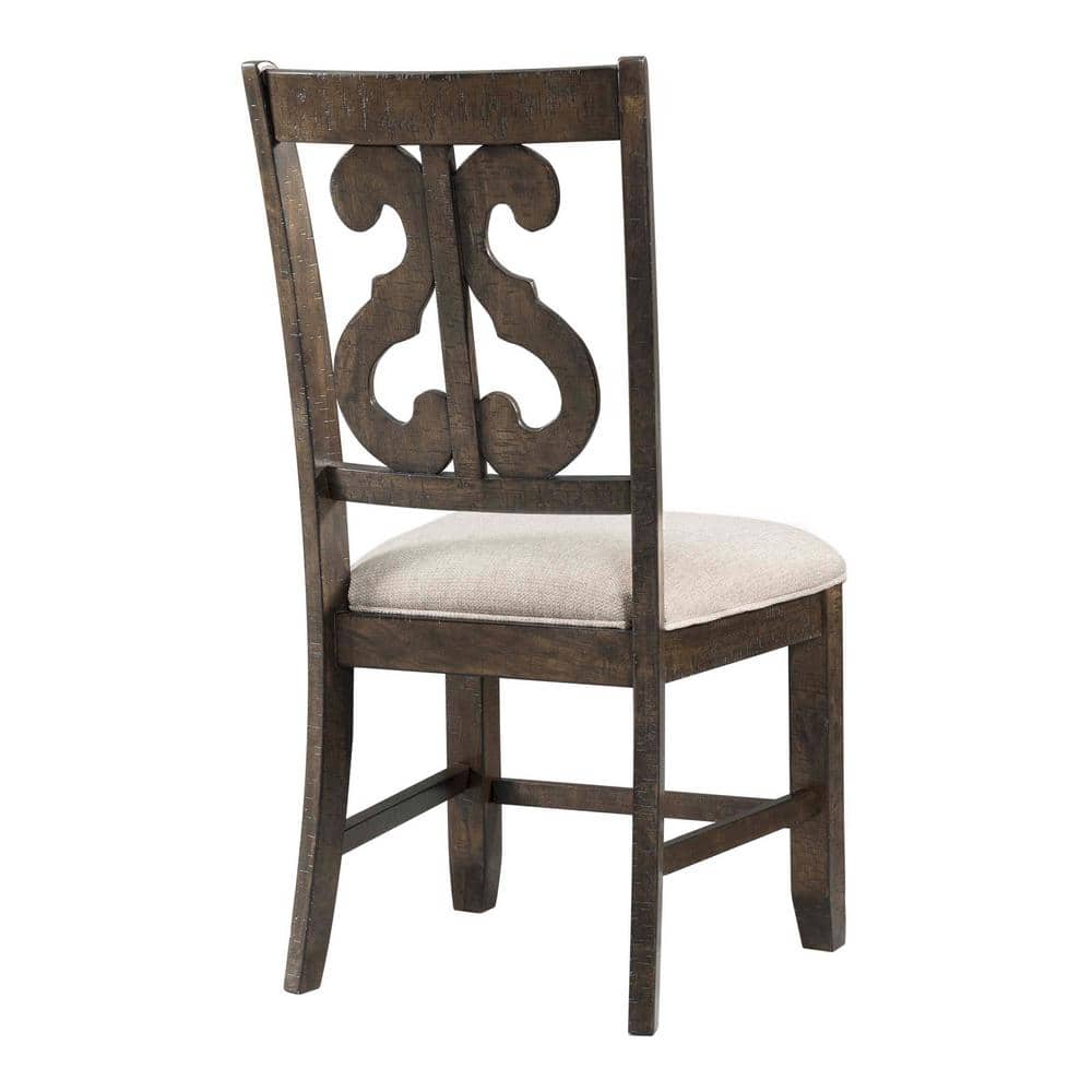 Smokey Walnut Wooden Swirl Back Upholstered Side Chair