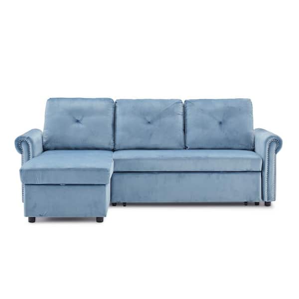 Unbranded 83.46 in. Rolled Arm Velvet Modern 3-Seater L Shaped with Nail-head Design and Storage Sectional Sofa in Blue