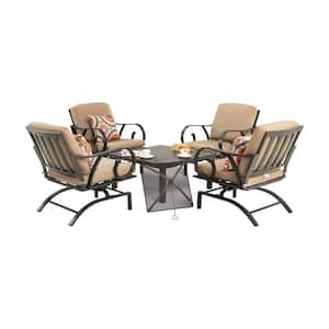 5-Piece Outdoor Beige Furniture Conversation Set, Patio Rocking Chair with Fire Table Pit, Balcony Garden Set