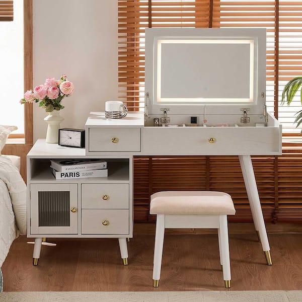 2-Piece White Makeup Vanity Set with Lighted Flip-Top Mirror, Adjustable Cabinet, Stool and Drawers