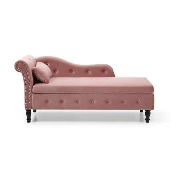 Unbranded 60 in. Pink Velvet Multifunctional Storage Nailhead Chaise Lounge with 1 Pillow