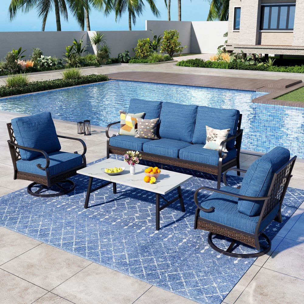 4-Piece Black Metal Outdoor Patio Conversation Set with Swivel Chairs, Marbling Coffee Table and Pacific Blue Cushions price history on PriceWatchPro