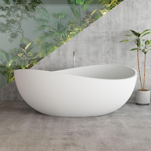 Wave 63 in. x 37 in. Solid Surface Stone Resin Freestanding Flatbottom Soaking Bathtub in Matte White