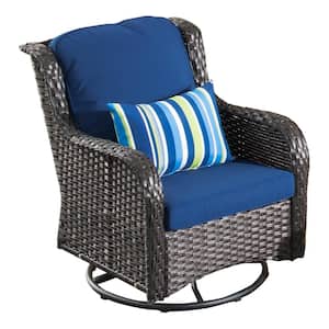 Erie Lake 3-Piece Brown Wicker Outdoor Rocking Chair Set with Navy Blue Cushions