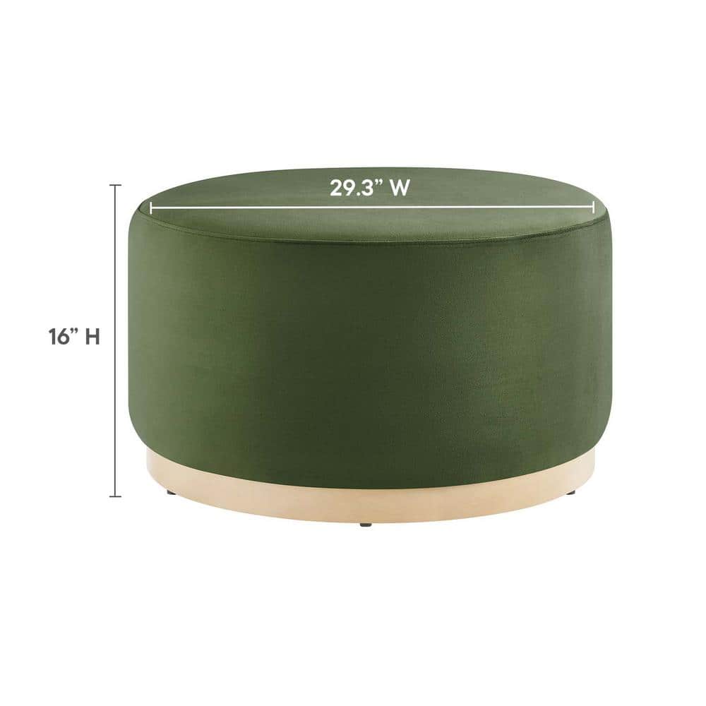 Moss Green Velvet Round Ottoman with Rubberwood Base